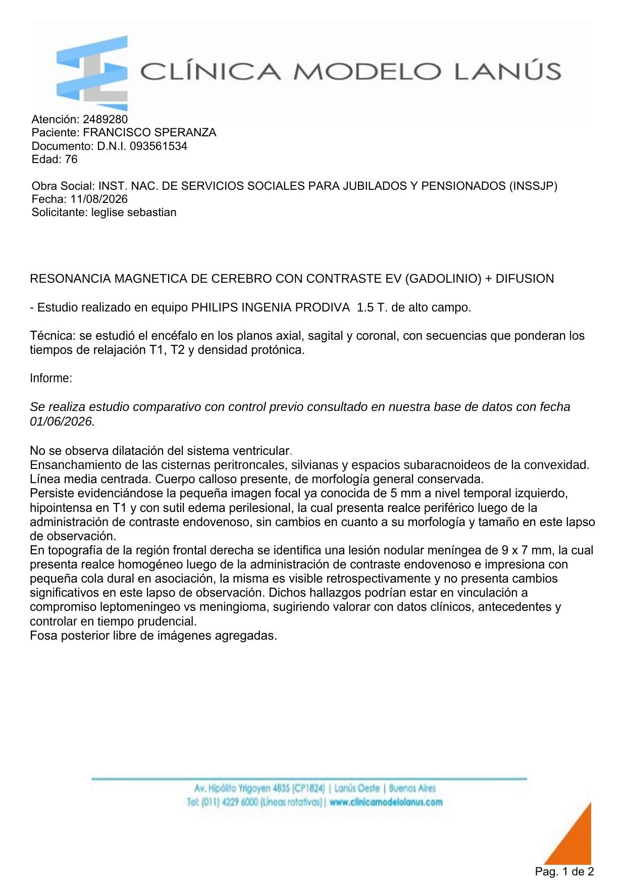 Informe de la resonancia del 11/08/2026, página 1 de 2