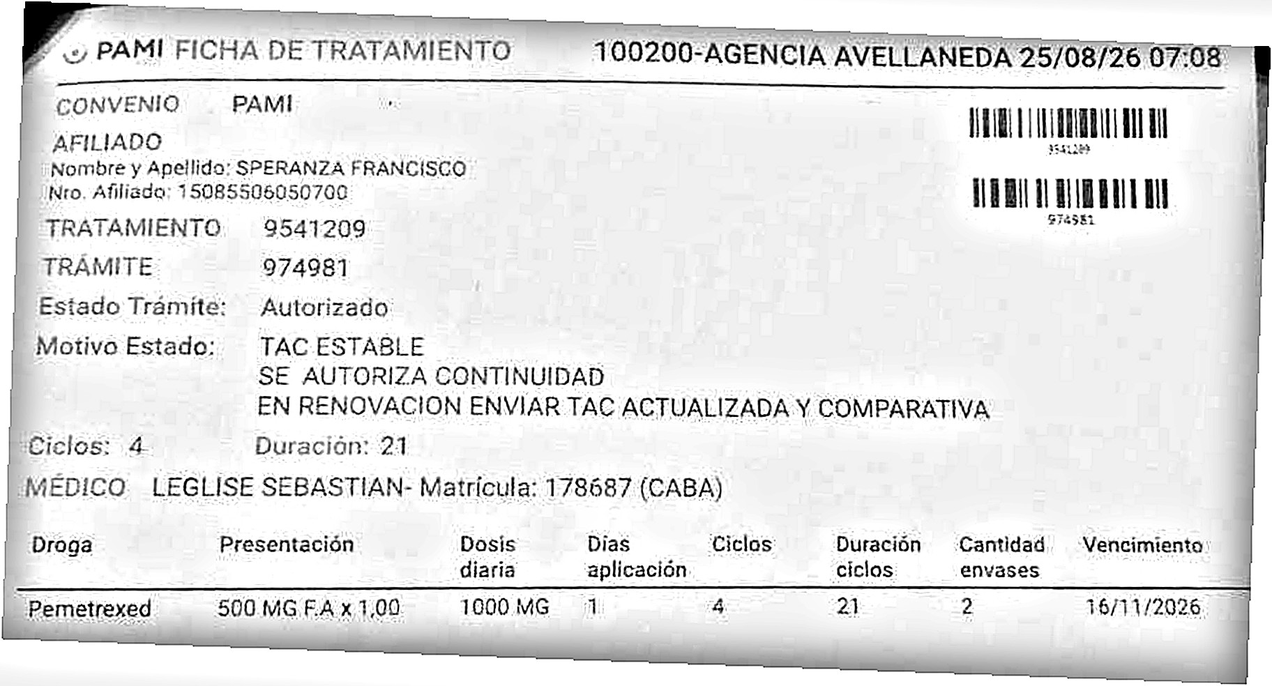 Ficha de tratamiento de PAMI del 25/08/2026, enderezada y con el contraste mejorado