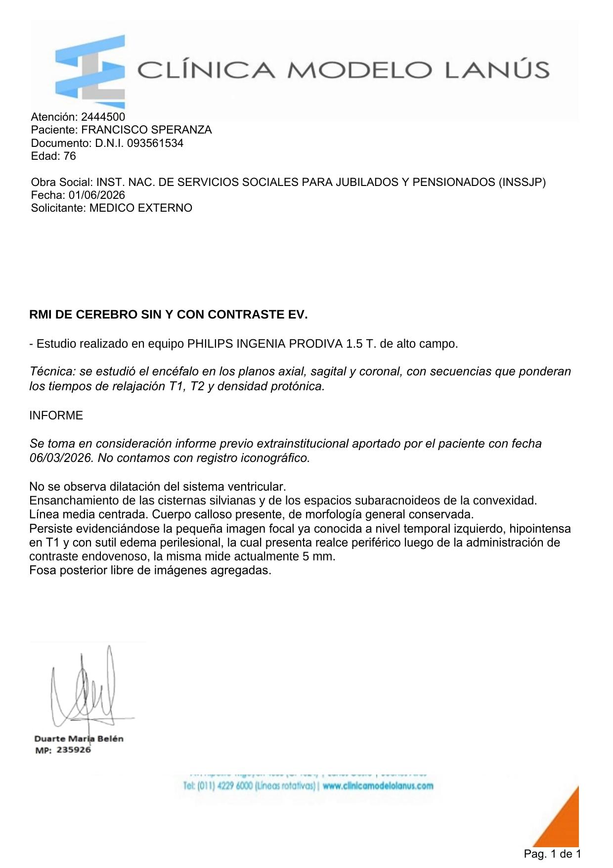 Informe de la resonancia del 01/06/2026